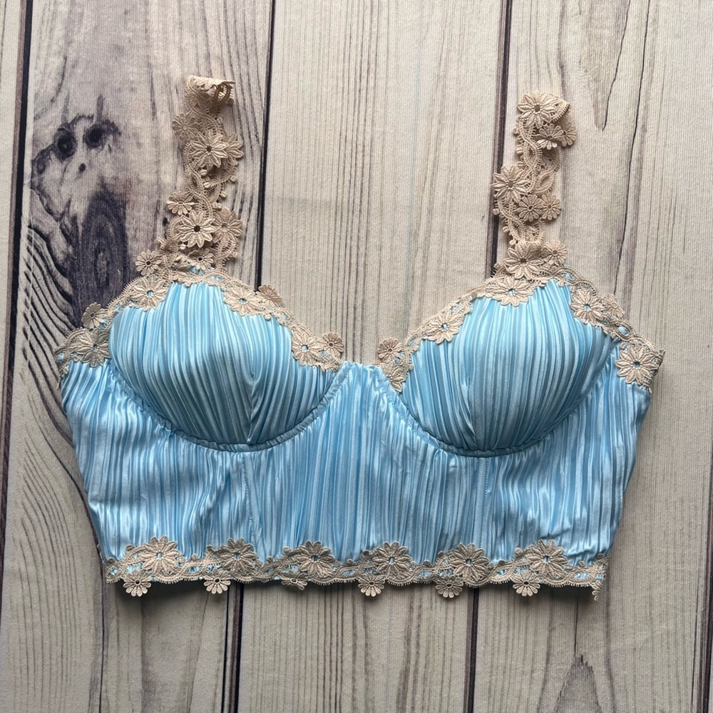 Fenity Blue Pleated and Tan Lace Bra